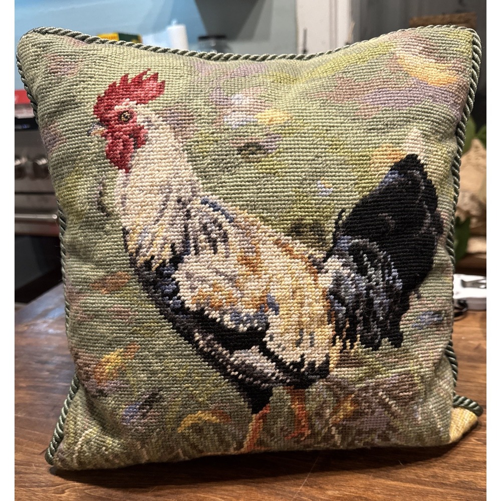 Rooster Needlepoint Wool Throw Pillow  Green Velvet Back vintage-style 13 X 13